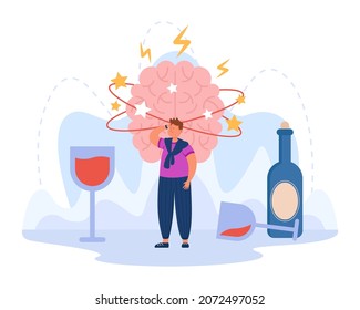 Man having hangover from drinking strong alcohol. Brain of drunk person, huge wineglasses, headache from liquor flat vector illustration. Health, addiction concept for banner or landing web page