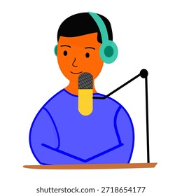 Video Hombre que tiene el teléfono de la cabeza y el creador del contenido del micrófono