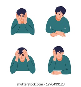 Man is having a headache. Boy feels anxiety and depression. Psychological health concept. Nervous, apathy, sadness, sorrow, unhappy, desperate, migraine. Flat vector illustration.