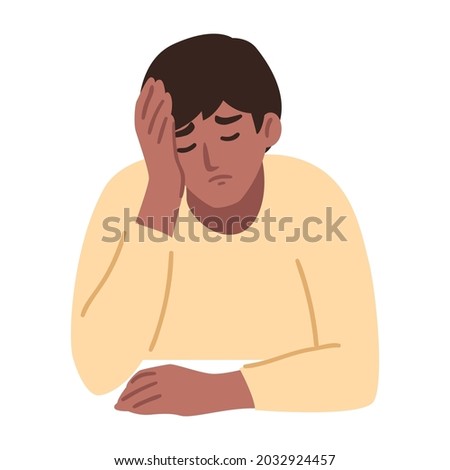 Man is having a headache. Boy feels anxiety and depression. Psychological health concept. Nervous, apathy, sadness, sorrow, unhappy, desperate, migraine. Flat vector illustration.