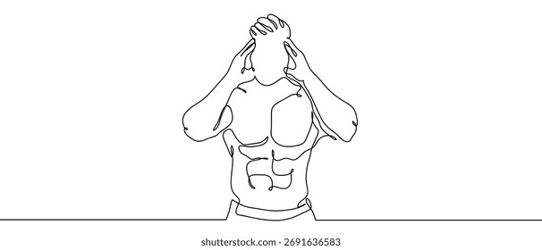 Man having headache, continuous line on transparent background. One line design vector illustration 