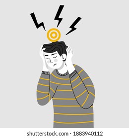 Man Having Headache, Migraine, Chronic Pain, Fatigue, Stress, Pressure, Tension. Flat Boy Or Guy Character Design. Cartoon Vector Illustration