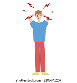 The man having headache and migraines. Symptoms of a viral disease.Respiratory Illness, Virus Prevention.Isolated. Vector illustration.