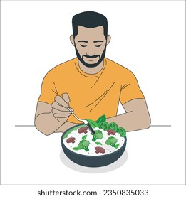 Man having healthy breakfast, eating fresh vegetables, with Nonvegan ban icon. Young man eating salads. Diet food for life. Healthy foods. Healthy and vegan food concept. eating vegan food. 2317