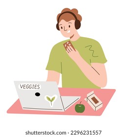 Man having healthy snack while working, vegan organic food, eating seed crisps, laptop with vegan-friendly stickers, vector doodle illustration of enriched snacks, isolated colored clipart