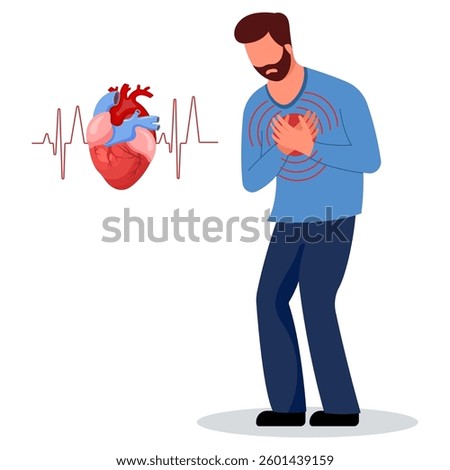 Man having heart attack or heart pain. Vector illustration with human holding hands on chest.
