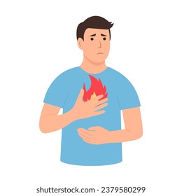 Hombre con síntoma de ardor de estómago.  Incendio en la zona del pecho. Gastritis y reflujo ácido, molestias estomacales y problemas de dolor estomacal. Ilustración vectorial plana.