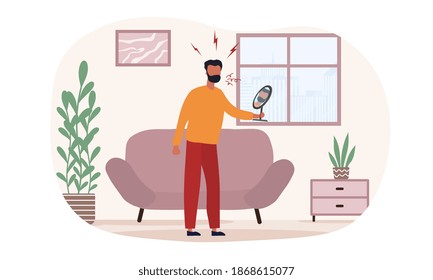 Man is having inner conflict. Concept of internal demons people listen to. Patients suffering from mental disorders, psychological diseases, schizophrenia. Flat cartoon vector illustration