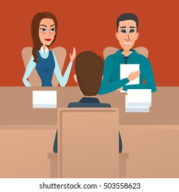 Man having a job Interview with HR specialists and a boss. Vector creative color illustrations flat design in flat modern style.