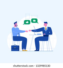 A man is having a job interview. Jobseeker and employer sit at the table and talk. Good impression. Simple concept with the working situation, recruitment or hiring.