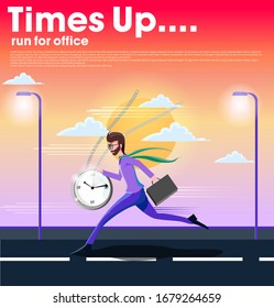 MAN HAVING LATE RUNNING TO OFFICE WITH A CLOCK IN EVENING FLAT ILLUSTRATION VECTOR