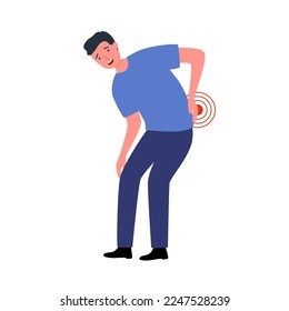 Man having low back pain in flat design on white background. Backache symptom. Muscle or bone problem.