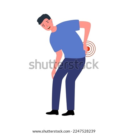 Man having low back pain in flat design on white background. Backache symptom. Muscle or bone problem.