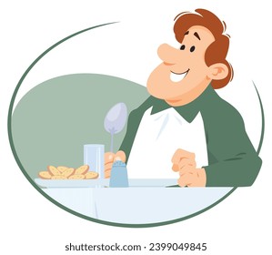 Man is having lunch. Funny people. Illustration concept template for website, web landing page, banner, presentation, social, poster, promotion or print media.