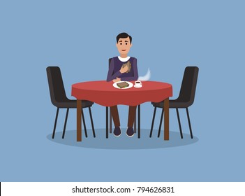 The man is having lunch. Kitchen interior. Vector illustration.