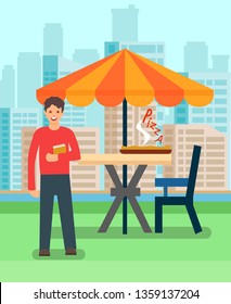 Man Having Lunch in Pizzeria Vector Illustration. Outdoor Food Court. Flat Character on Dinner. Cartoon Restaurant Outside Seating. Tasty Hot Pizza. Bistro Table, Chair, Umbrella Composition