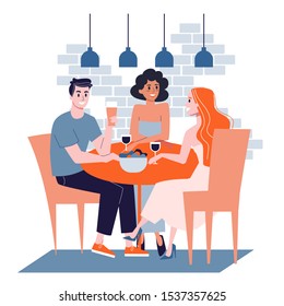 Man having lunch at work with colleagues. Female person eat food. Girl sitting at the table. Isolated vector illustration in cartoon style