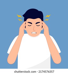 Hombre con dolor de cabeza por migraña sintomático en diseño plano.