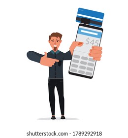 Man having mobile POS (Point of sale) terminal in hand. Wireless payment through mobile. Mobile payment terminal in hand. POS payment machine in hand with white background.