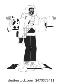 Man having too much clothes black and white cartoon flat illustration. Black male shopaholic cartoon outline character isolated on white. Overconsumption fashion monochrome scene vector outline image