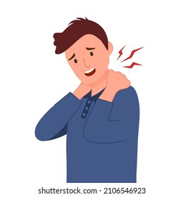 Man having neck ache symptom in flat design on white background. Neck and shoulders pain. Muscle problem.