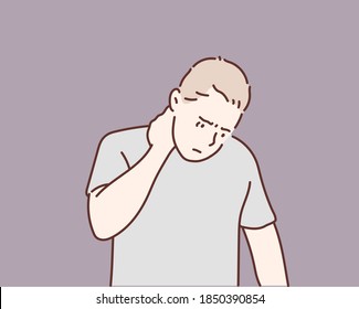 man having a neck pain against. Hand drawn style vector design illustrations.