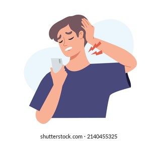 Man having neck pain symptom because of using phone with bad and wrong posture. Concept of health, lifestyle, neckache, shoulder muscle pain. Flat vector illustration.