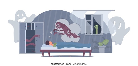 Man having nightmare with monsters and ghosts in bedroom flat vector illustration