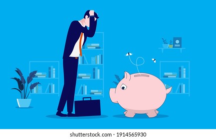 Man having no savings - Poor and sad businessman standing with empty piggy bank. Lack of money and financial trouble concept. Vector illustration.