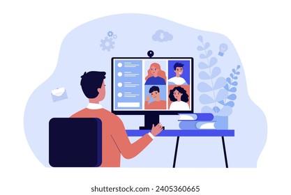 Man having online collaboration with people from different parts of world vector illustration. Man sitting at home, using computer for communication. Online communication, collaboration concept