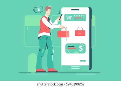 Man having online shopping via smartphone vector illustration. Guy pays for shopping via contactless method flat style. Online shopping, technology concept. Isolated on green background