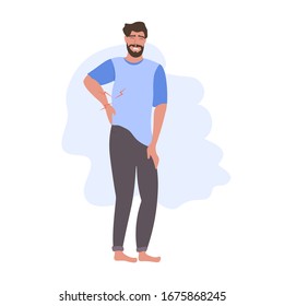 man having pain in his back backache problems flat full length vector illustration