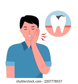 Man having painful toothache character in flat design. Dental problem and oral treatment concept. Tooth caries.