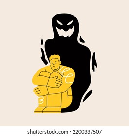 Man having a panic attack, an imaginary monster shadow silhouette, mental health issues, psychology. Colorful vector illustration
