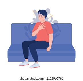 Man having panic attack semi flat color vector character. Sitting figure. Full body person on white. Feel anxious and stressed simple cartoon style illustration for web graphic design and animation