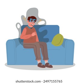 Man having panic attack semi flat color vector character. Sitting figure. Full body person on white. Feel anxious and stressed simple cartoon style.