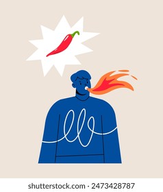 Man having a piquant taste in their mouth from a red chili. Colorful vector illustration

