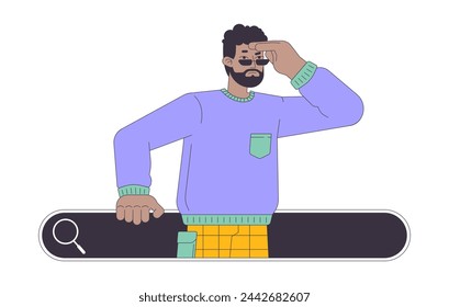 Hombre que tiene problemas con la búsqueda en línea 2D personaje de dibujos animados lineal. Hombre negro mirando fuera de la barra del navegador aislado línea vector persona fondo blanco. Ilustración de punto plano de color de fuentes de Internet