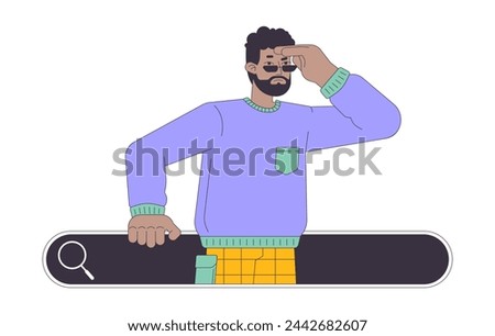 Man having problems with online search 2D linear cartoon character. Black male looking out of browser bar isolated line vector person white background. Internet sources color flat spot illustration