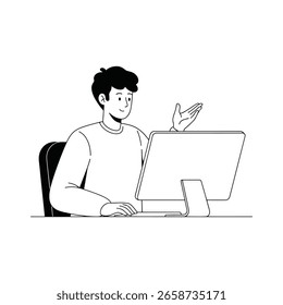 Man having professional client conversation while working on a desktop computer at office