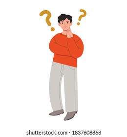 Hombre haciendo una pregunta. Pensar en el personaje masculino con algunas dudas. Dibujo de dibujos animados coloridos con vector dibujado a mano. 