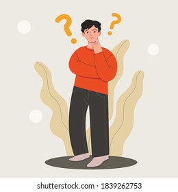 Hombre haciendo una pregunta. Pensar en el personaje masculino con algunas dudas. Dibujo de dibujos animados coloridos con vector dibujado a mano. 