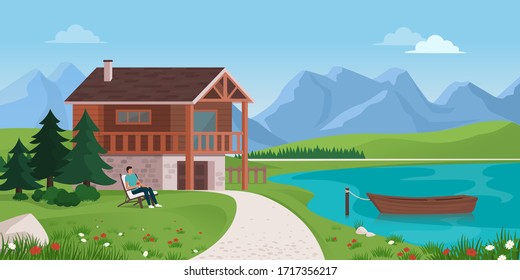 Man having relaxing vacations outdoors, he is lying on a deck chair next to a mountain chalet, landscape with mountains in the background