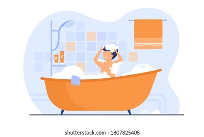 Man having shower or bath, sitting in bathtub with foam, washing hair. Vector illustration for bathroom, body hygiene, relax, morning concept