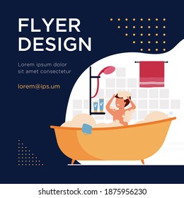 Man having shower or bath, sitting in bathtub with foam, washing hair. Vector illustration for bathroom, body hygiene, relax, morning concept