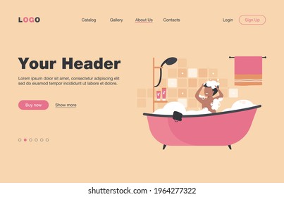 Man having shower or bath, sitting in bathtub with foam, washing hair. Vector illustration for bathroom, body hygiene, relax, morning concept