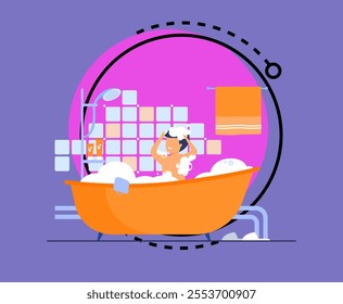 Man having shower or bath, sitting in bathtub with foam, washing hair. Vector illustration for bathroom, body hygiene, relax, morning concept