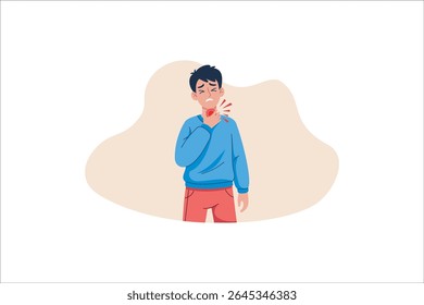 Homem com dor de garganta tocando o pescoço sentindo dor ao engolir doente. Ilustração vetorial.