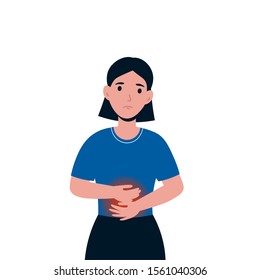 Man having stomach ache, flat cartoon style vector illustration isolated on white background. Character have gastritis and duodenitis symptoms.
