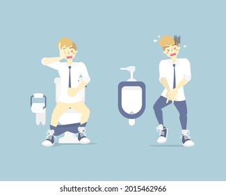 hombre con dolor de estómago, necesidad de orinar, aguantar su poo, vejiga, orina, que sufre de diarrea o estreñimiento, concepto de atención de la salud, diseño de carácter plano ilustración vectorial
